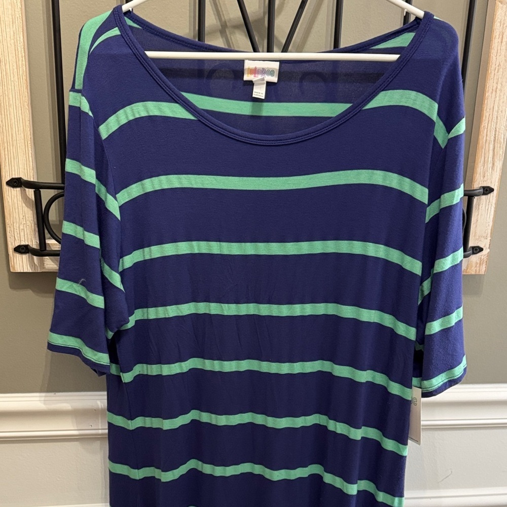 LuLaRoe Navy and Green Striped Short Sleeve Dress 3XL Julia NWT